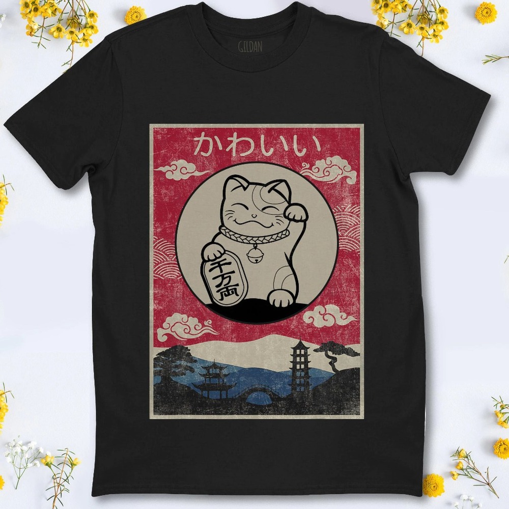 Cute Cat Anime Vintage Kawaii Cat Anime Unisex T-Shirt For Men Women